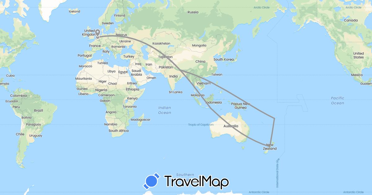 TravelMap itinerary: driving, plane in Fiji, Indonesia, Netherlands, Nepal, New Zealand (Asia, Europe, Oceania)